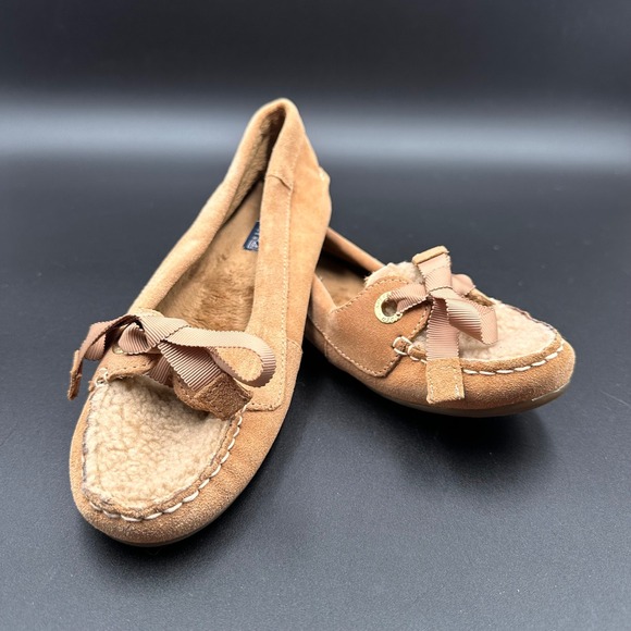 Sperry Shoes - Sperry Top-Sider Womens Tan Suede Leather Bow Accent Moccasin Slippers Size 8M‎